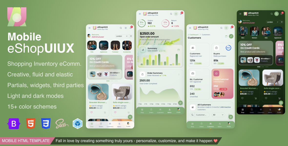 eShop uiux mobile ecommerce admin ui ux bootstrap 5 themes dashboard mobile html template inventory ecommerce shopping mobile app ui kit template 1