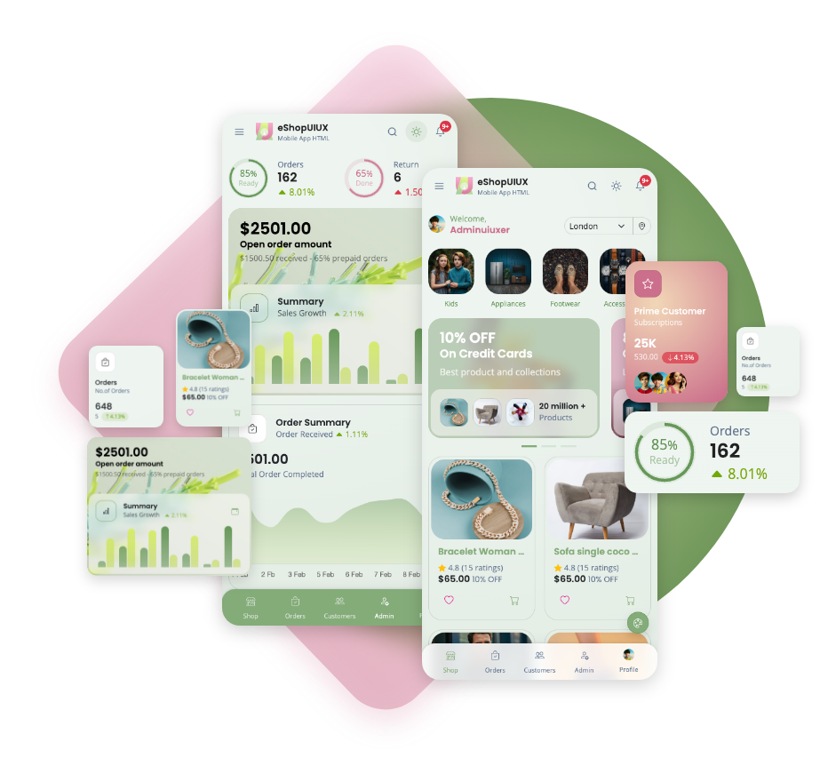 eShop uiux mobile ecommerce admin ui ux bootstrap 5 themes dashboard mobile html template inventory ecommerce shopping mobile app ui kit template 3