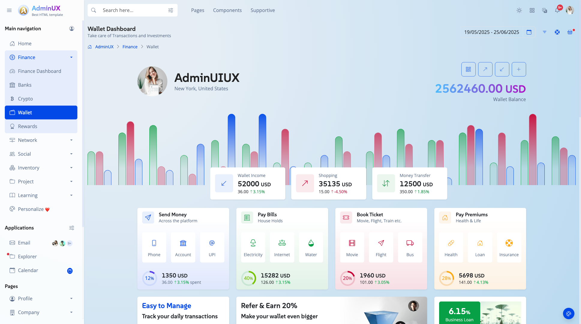 Adminux best admin dashboard html template on themeforest bootstrap 5 themes 5