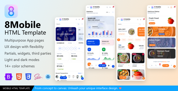 8 Mobile Finance Wallet Travel Shop Restaurant App Admin UI UX bootstrap 5 themes dashboard mobile HTML template Mobile app UI kit 1
