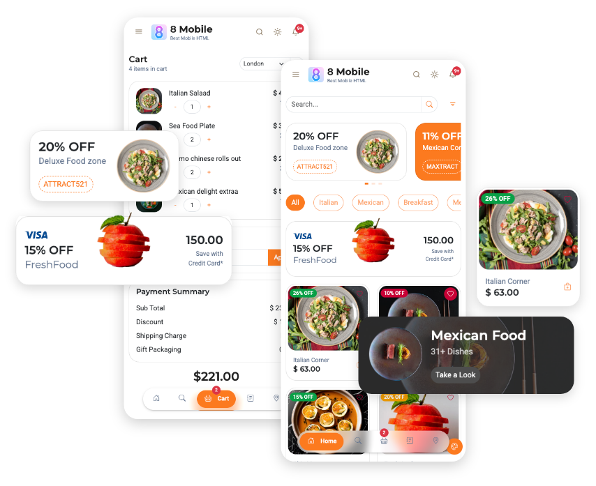 8 Mobile Finance Wallet Travel Shop Restaurant App Admin UI UX bootstrap 5 themes dashboard mobile HTML template Mobile app UI kit 3