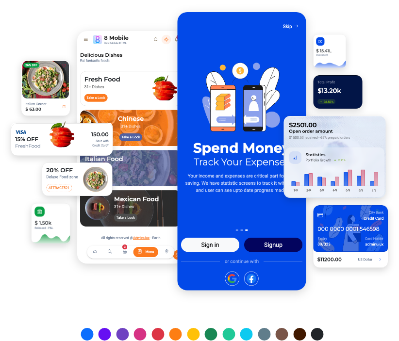 8 Mobile Finance Wallet Travel Shop Restaurant App Admin UI UX bootstrap 5 themes dashboard mobile HTML template Mobile app UI kit 5