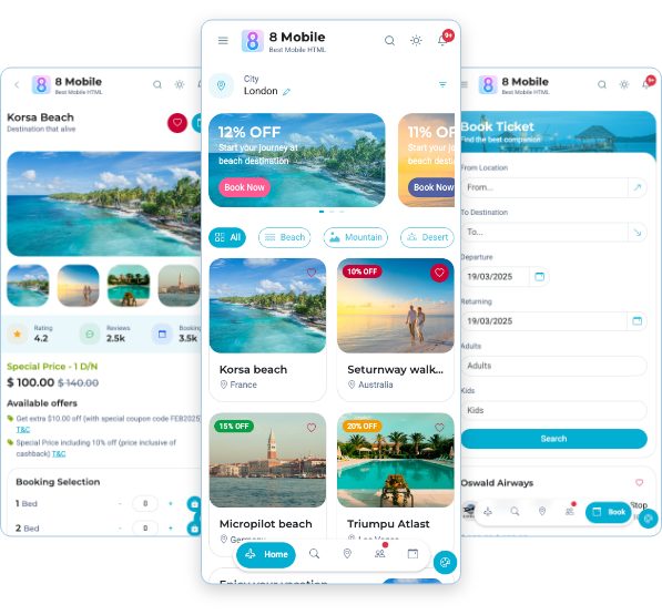 8 Mobile Finance Wallet Travel Shop Restaurant App Admin UI UX bootstrap 5 themes dashboard mobile HTML template Mobile app UI kit 10