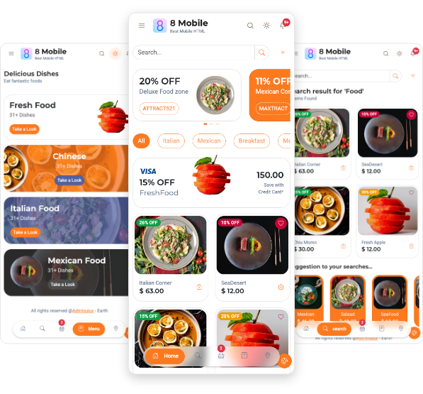 8 Mobile Finance Wallet Travel Shop Restaurant App Admin UI UX bootstrap 5 themes dashboard mobile HTML template Mobile app UI kit 9