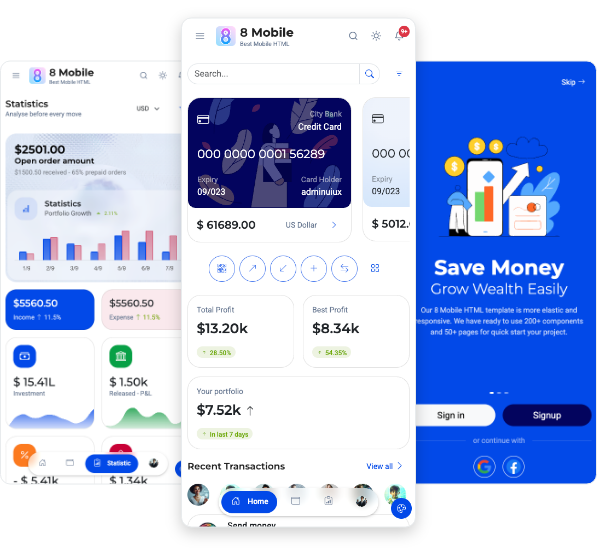 8 Mobile Finance Wallet Travel Shop Restaurant App Admin UI UX bootstrap 5 themes dashboard mobile HTML template Mobile app UI kit 11