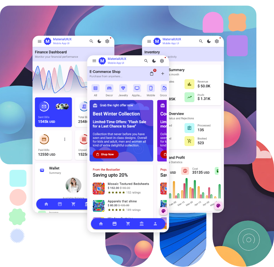 Mobile Material UIUX Angular template for admin dashboard frontend UI kit template designed with material angular design for finance inventory social dashboard and ecommerce store mobile app 3