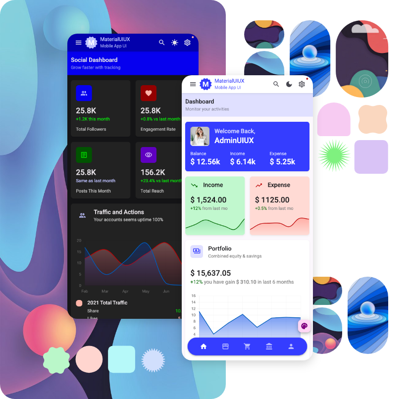 Mobile Material UIUX Angular template for admin dashboard frontend UI kit template designed with material angular design for finance inventory social dashboard and ecommerce store mobile app 4