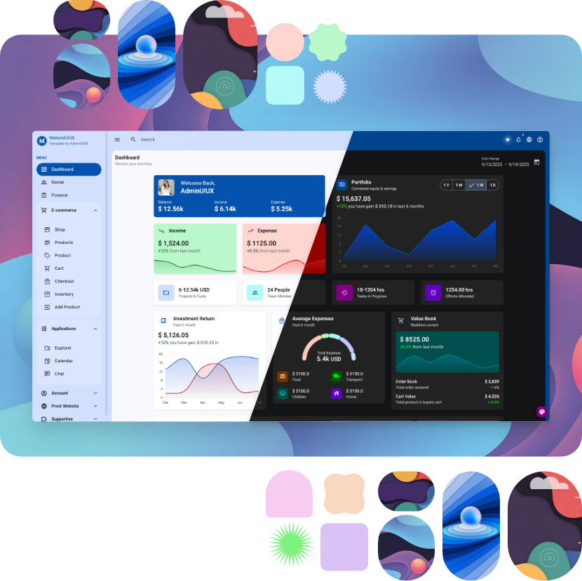 Material UIUX admin dashboard frontend UI kit template designed with material angular design for finance inventory social dashboard and ecommerce store web app 1
