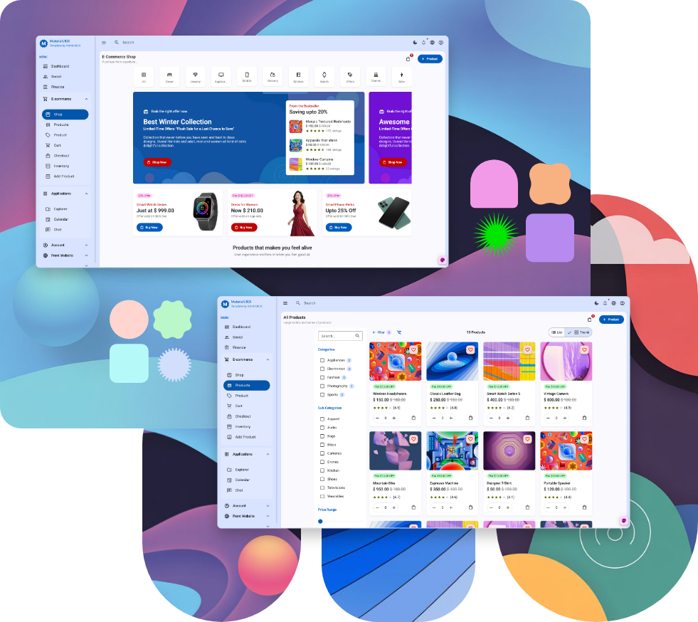 Material UIUX admin dashboard frontend UI kit template designed with material angular design for finance inventory social dashboard and ecommerce store web app 3
