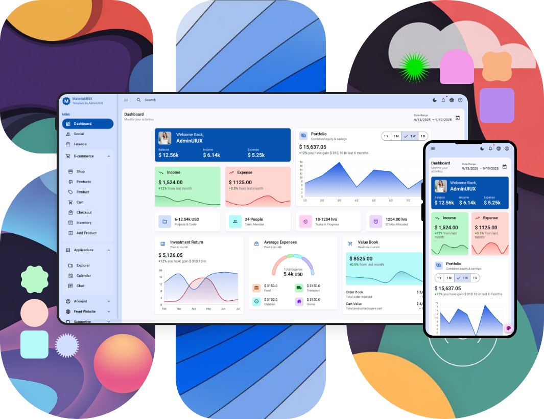Material UIUX admin dashboard frontend UI kit template designed with material angular design for finance inventory social dashboard and ecommerce store web app 4