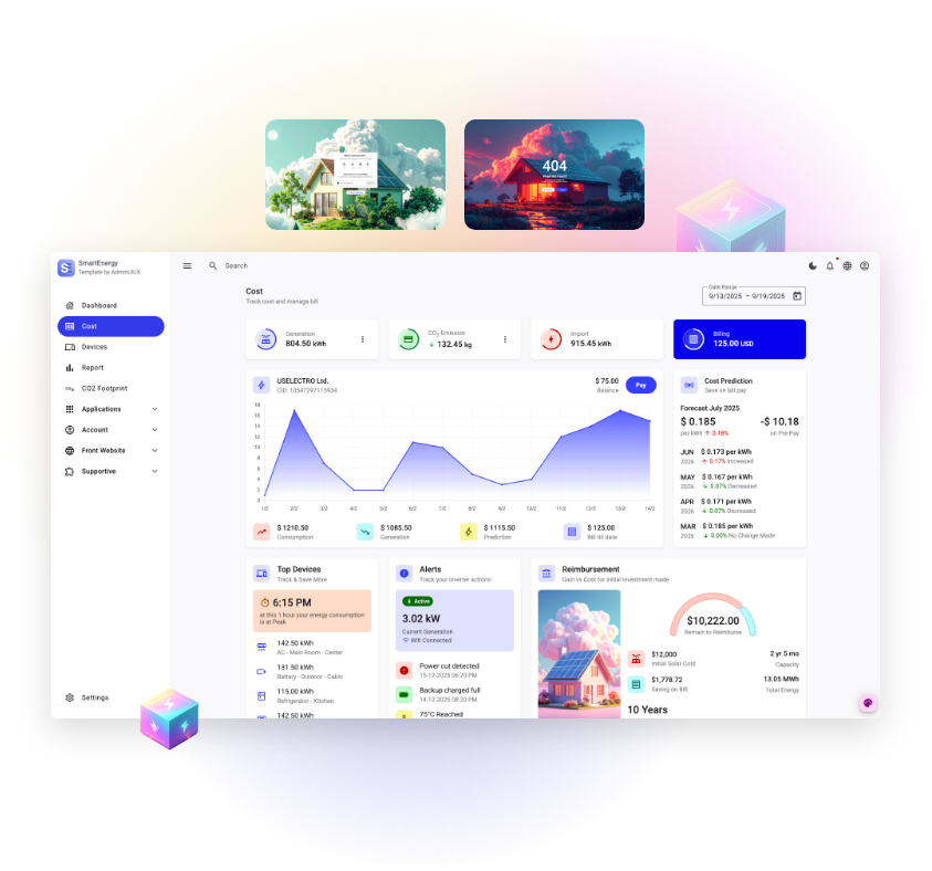 Smart Energy material admin dashboard template UI kit themes materila design app ui, web app, smart home, solar energy, save electricity 3