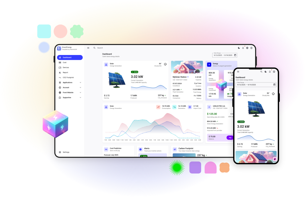 Smart Energy Angular material admin dashboard template UI kit themes materila design app ui, web app, smart home, solar energy, save electricity 5