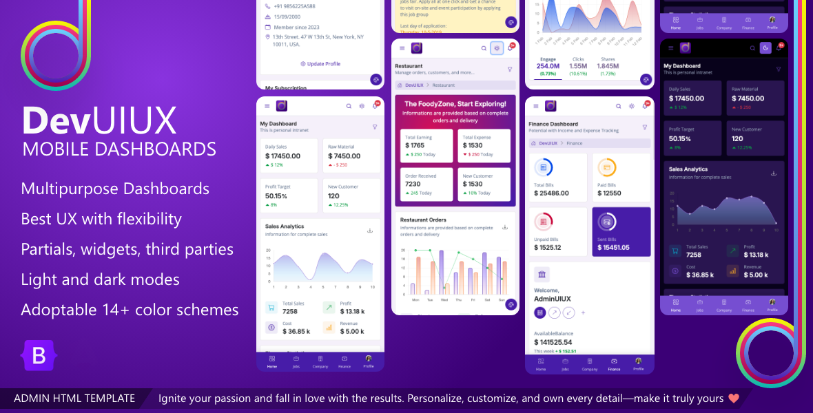 DevUIUX mobile developer dashboard mobile application design ui botstrap 5 html template with React and Angular Starter kit. 5