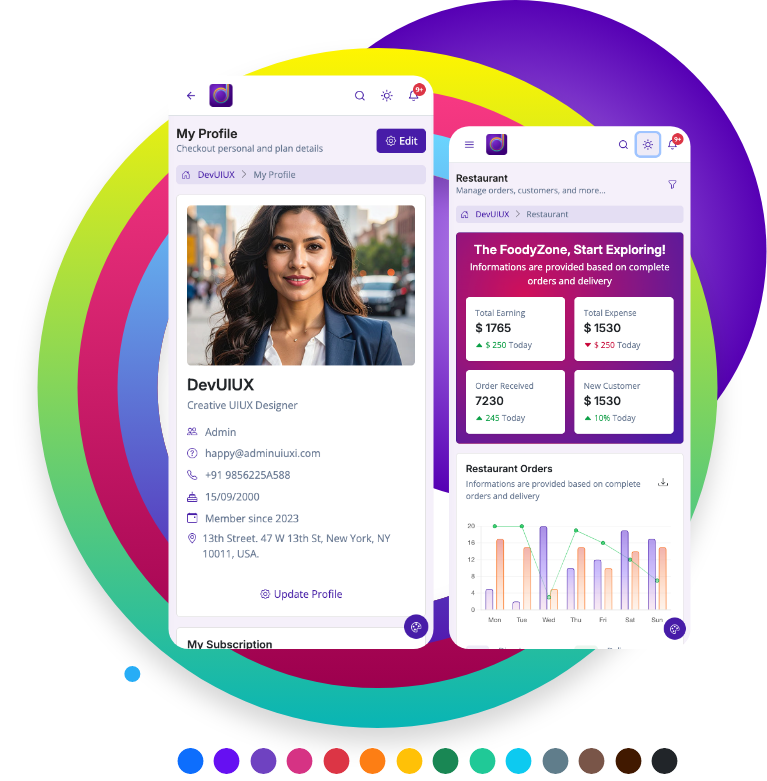 DevUIUX mobile developer dashboard mobile application design ui botstrap 5 html template with React and Angular Starter kit. 1