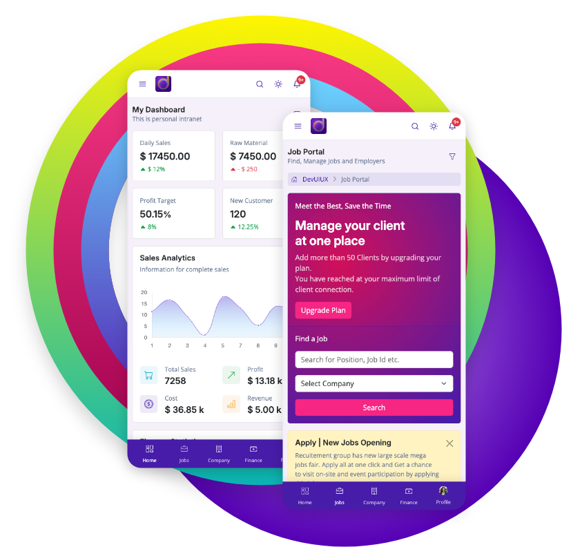 DevUIUX mobile developer dashboard mobile application design ui botstrap 5 html template with React and Angular Starter kit. 2